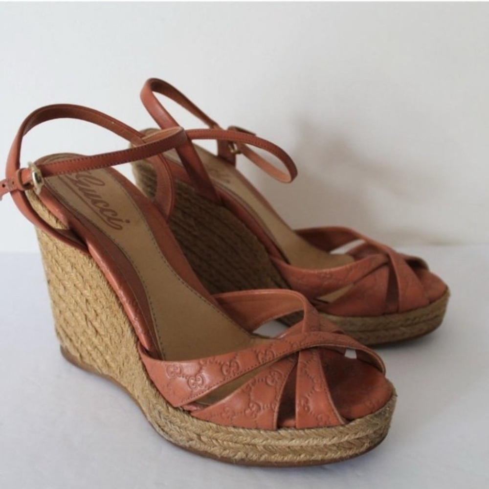 Gucci Microguccissima Leather Espadrille Wedges Phard Dusty Pink Size 36.5